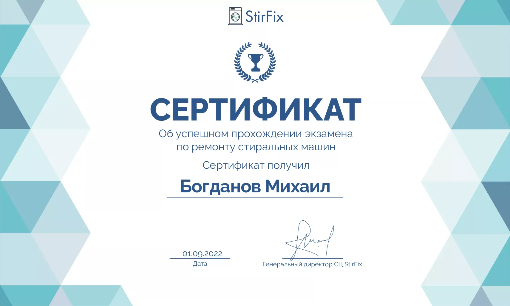 Богданов Михаил сертификат мастера по ремонту стиральных машин