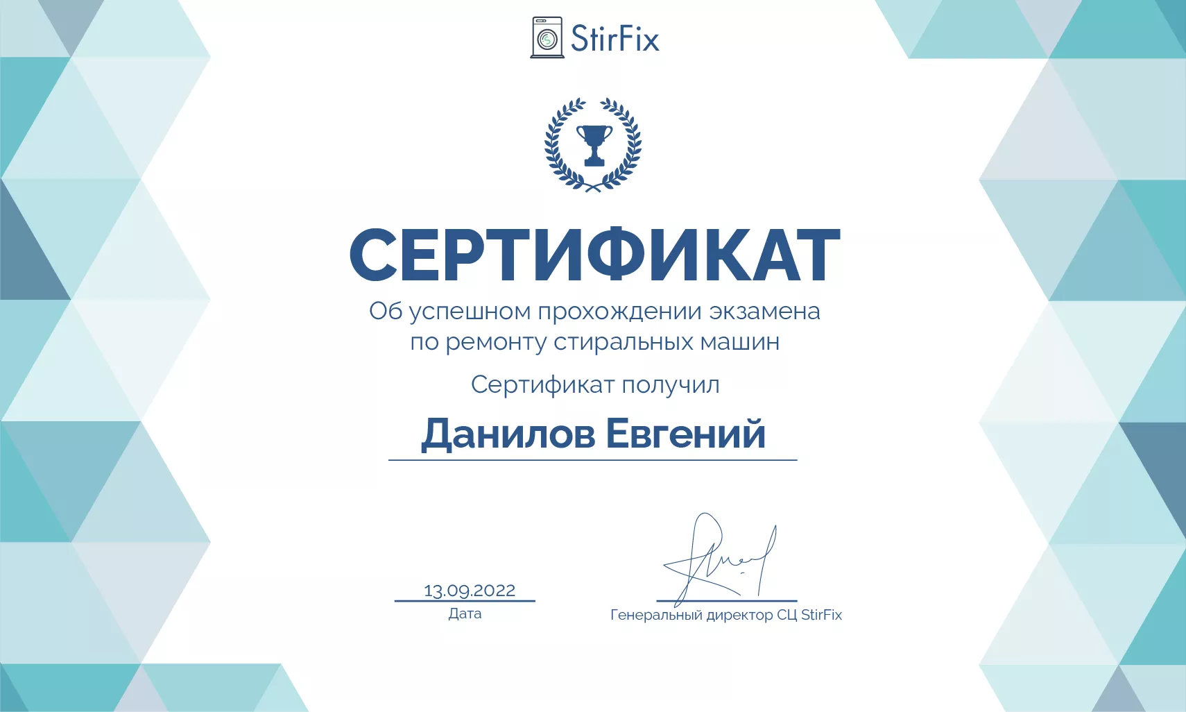 Данилов Евгений сертификат мастера по ремонту стиральных машин