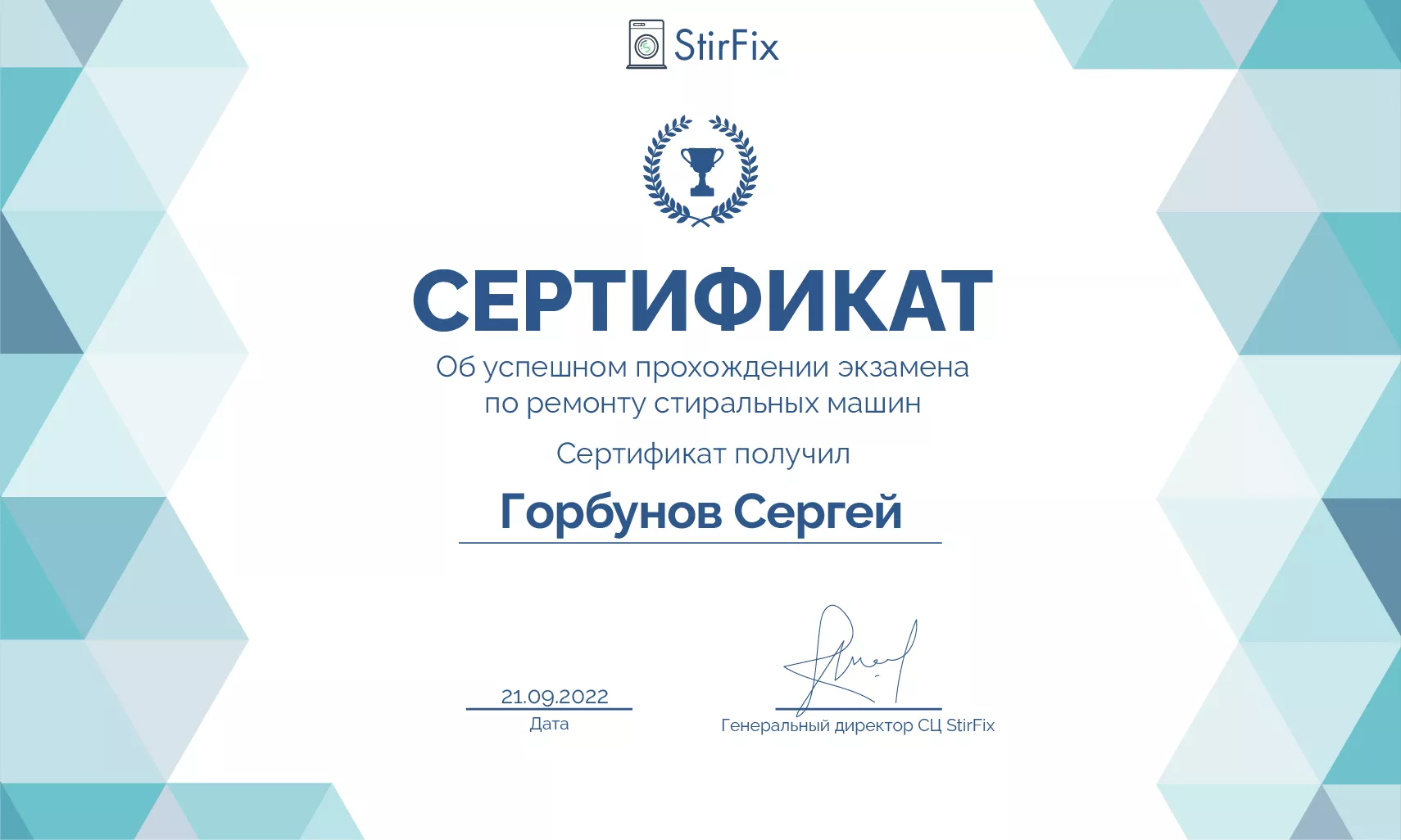 Горбунов Сергей сертификат мастера по ремонту стиральных машин